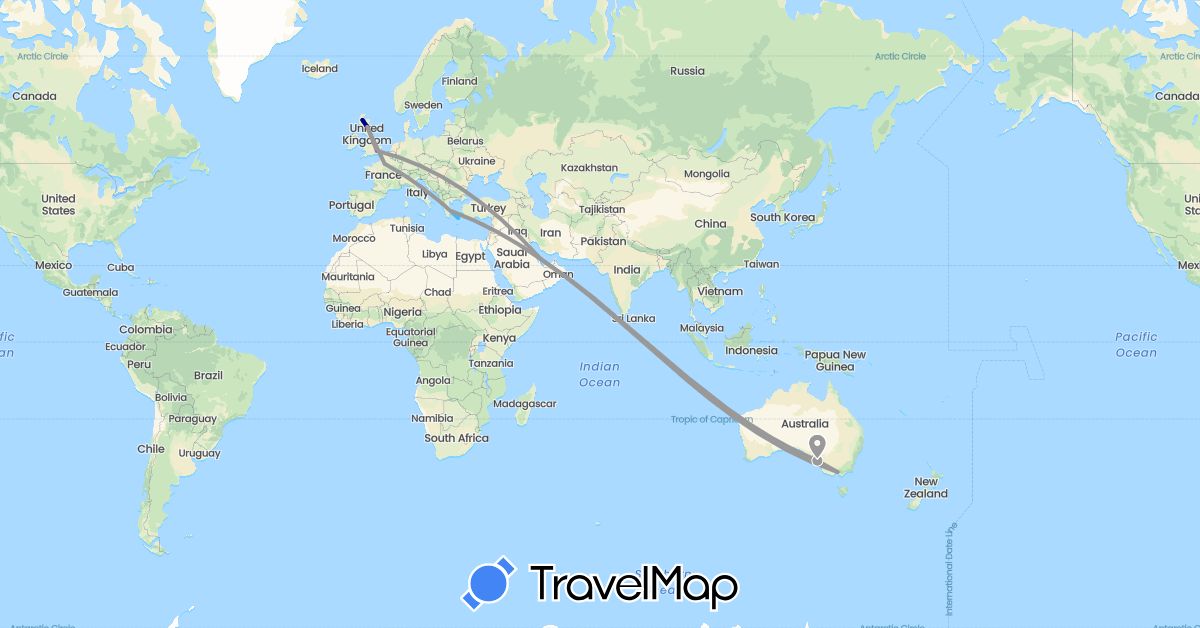 TravelMap itinerary: driving, plane, train, boat in Australia, France, United Kingdom, Greece, Qatar (Asia, Europe, Oceania)